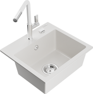 Mexen Milo fregadero de granito de 1 compartimento con grifo de cocina Flora, blanco - 6505-20-670401-02