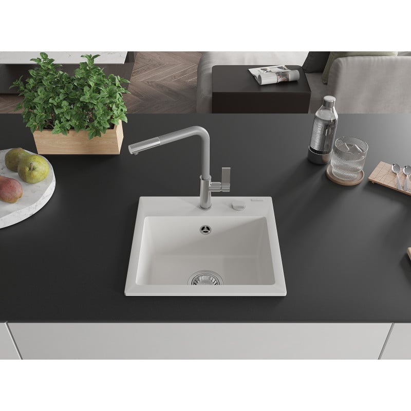 Mexen Milo 1-bowl granite sink with Flora kitchen tap, white - 6505-20-670401-06