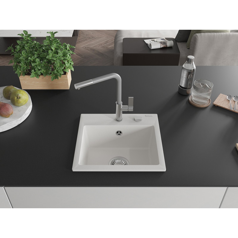 Mexen Milo granit gootsteen 1-komorige met keukenmengkraan Flora, wit - 6505-20-670401-06