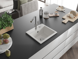 Mexen Milo lava-louça de granito de uma cuba com torneira de cozinha Flora, branco - 6505-20-670401-06