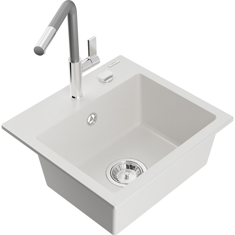 Mexen Milo Évier en granit 1 bac avec robinet de cuisine Flora, blanc - 6505-20-670401-06