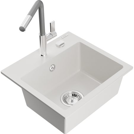 Mexen Milo fregadero de granito de 1 cubeta con grifo de cocina Flora, blanco - 6505-20-670401-06