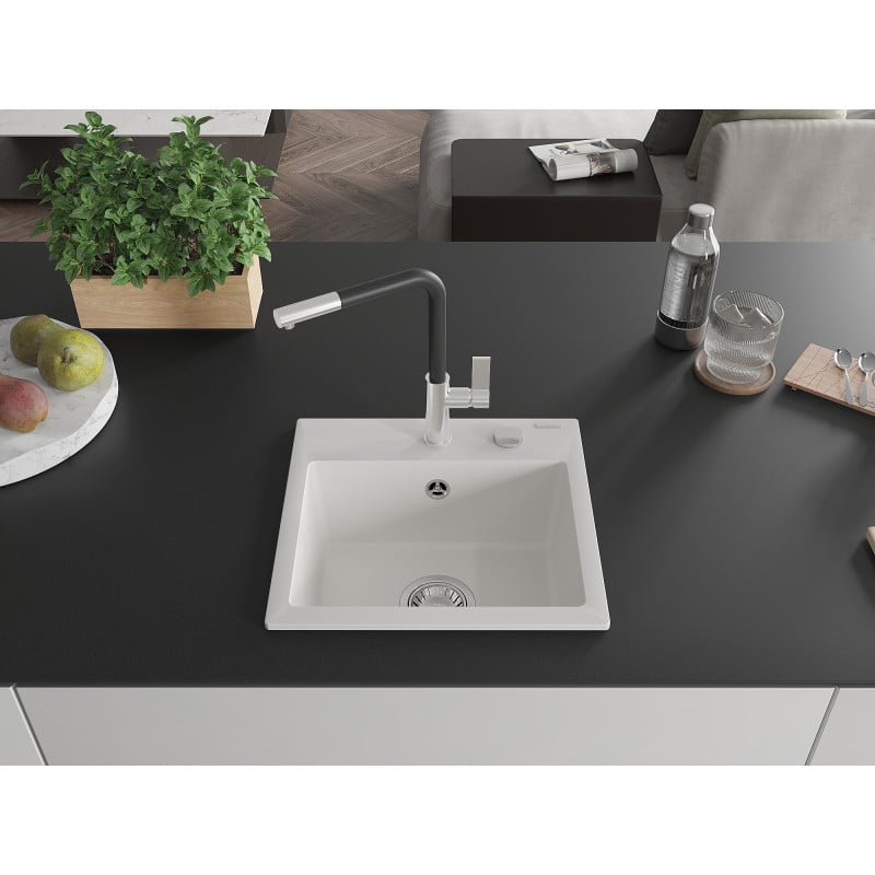 Mexen Milo fregadero de cocina de granito de 1 cubeta con grifo Flora, blanco - 6505-20-670401-07