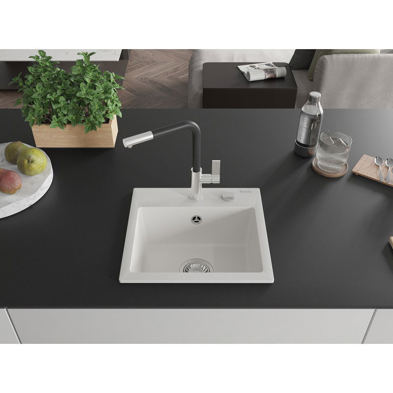 Mexen Milo lavello in granito a 1 vasca con miscelatore da cucina Flora, bianco - 6505-20-670401-07