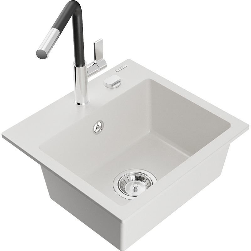 Mexen Milo fregadero de granito de 1 compartimento con grifo de cocina Flora, blanco - 6505-20-670401-07