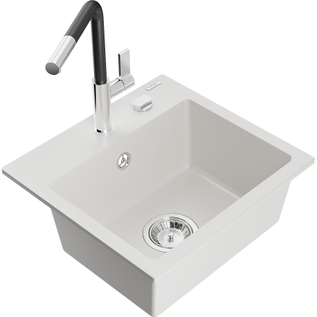 Mexen Milo fregadero de granito de 1 compartimento con grifo de cocina Flora, blanco - 6505-20-670401-07