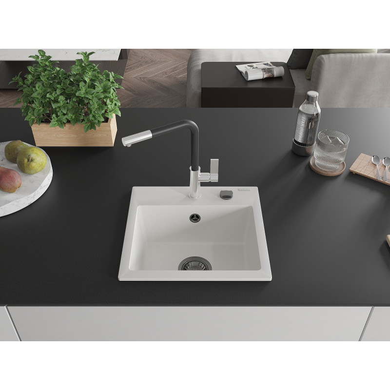 Mexen Milo granieten spoelbak 1-komorige met keukenkraan Flora, wit - 6505-20-670401-07-B