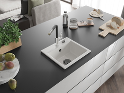 Mexen Milo fregadero de granito de 1 compartimento con grifo de cocina Flora, blanco - 6505-20-670401-07-B