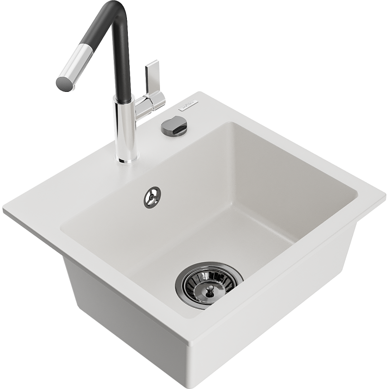 Mexen Milo évier en granit 1 bac avec robinet de cuisine Flora, blanc - 6505-20-670401-07-B