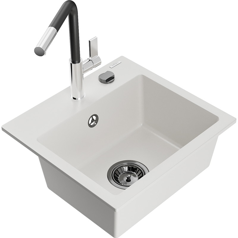 Mexen Milo granieten spoelbak 1-komorige met keukenkraan Flora, wit - 6505-20-670401-07-B