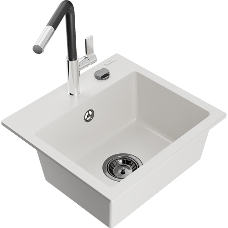 Mexen Milo granieten gootsteen met 1 kom en keukenkraan Flora, wit - 6505-20-670401-07-B