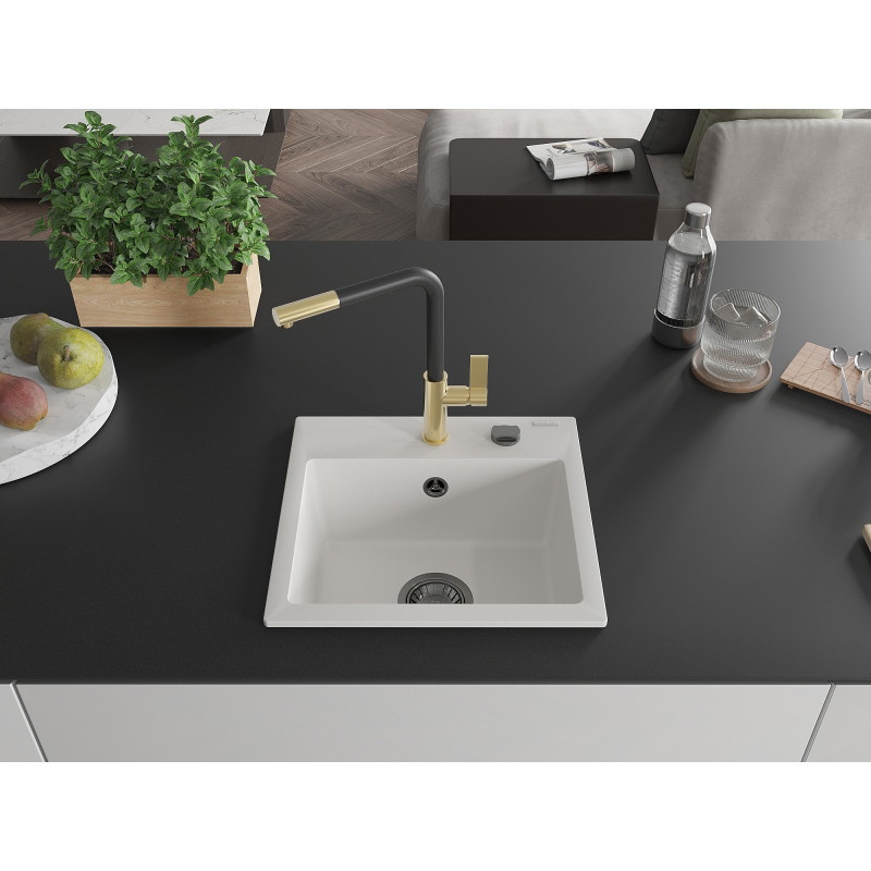 Mexen Milo évier de cuisine en granit 1 bac avec robinet Flora, blanc - 6505-20-670401-57-B