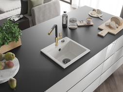 Mexen Milo lava-louça de granito 1-cuba com torneira de cozinha Flora, branco - 6505-20-670401-57-B