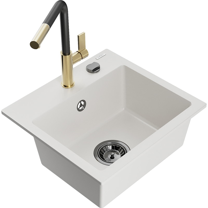 Mexen Milo fregadero de granito de 1 compartimento con grifo de cocina Flora, blanco - 6505-20-670401-57-B
