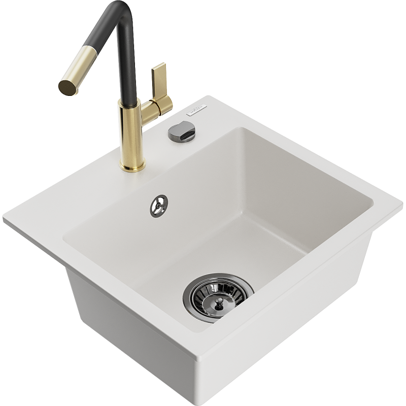 Mexen Milo fregadero de granito de 1 cubeta con grifo de cocina Flora, blanco - 6505-20-670401-57-B