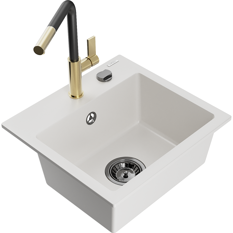 Mexen Milo lava-louça de granito 1-cuba com torneira de cozinha Flora, branco - 6505-20-670401-57-B
