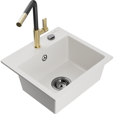 Mexen Milo granitdiskbänk med 1 ho med köksblandare Flora, vit - 6505-20-670401-57-B