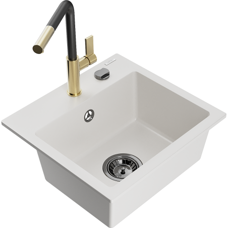 Mexen Milo granite kitchen sink 1-bowl with Flora kitchen tap, white - 6505-20-670401-57-B
