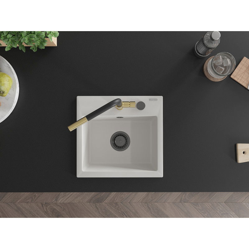 Mexen Milo 1-Becken-Granitspüle mit Mischbatterie Flora, Weiß - 6505-20-670401-57-B