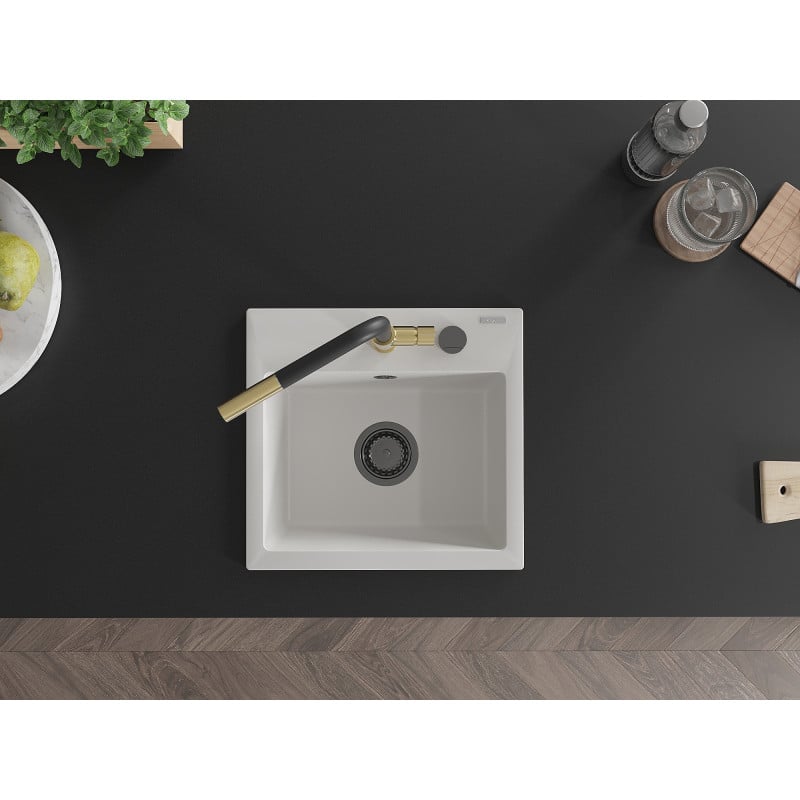 Mexen Milo lava-louça de granito 1-cuba com torneira de cozinha Flora, branco - 6505-20-670401-57-B