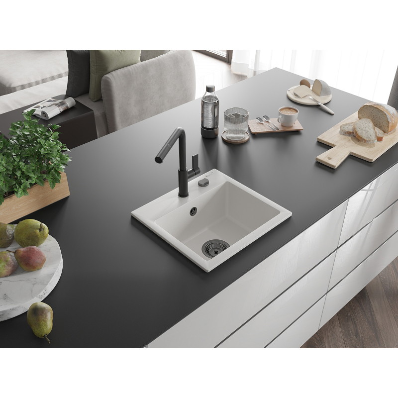 Mexen Milo fregadero de granito de 1 cubeta con grifo de cocina Flora, blanco - 6505-20-670401-70-B