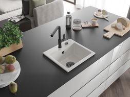 Mexen Milo lava-loiça de granito 1-cuba com misturadora de cozinha Flora, branco - 6505-20-670401-70-B