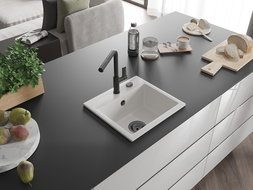 Mexen Milo lavello in granito 1-vasca con rubinetto da cucina Flora, bianco - 6505-20-670401-70-B