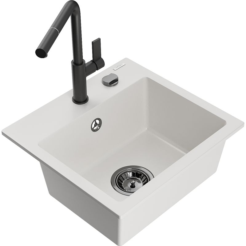 Mexen Milo graniittinen 1-allas keittiöallas Flora-hanan kanssa, valkoinen - 6505-20-670401-70-B