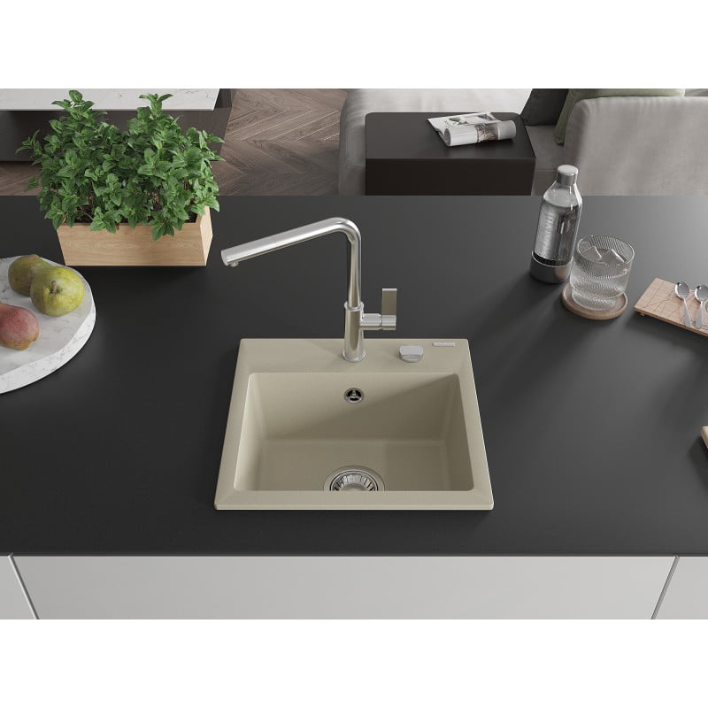 Mexen Milo 1-bowl granite sink with Flora kitchen tap, beige - 6505-69-670401-00