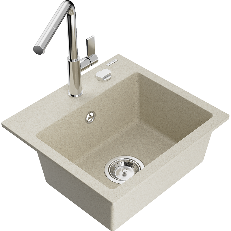 Mexen Milo 1-bowl granite sink with Flora kitchen tap, beige - 6505-69-670401-00