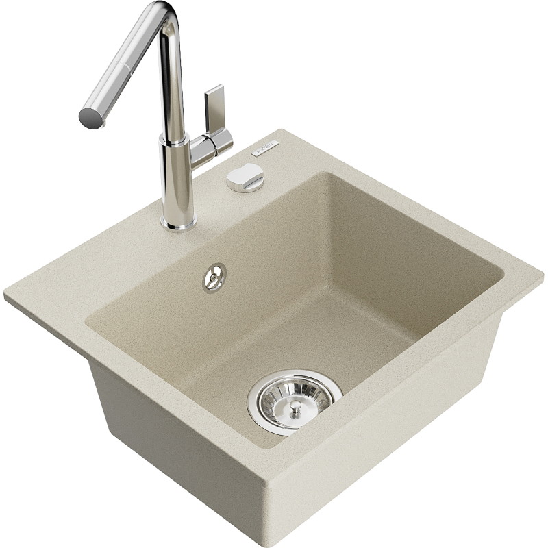 Mexen Milo évier en granit 1 bac avec robinet de cuisine Flora, beige - 6505-69-670401-00