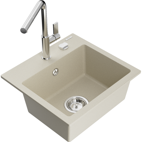 Mexen Milo 1-bowl granite sink with Flora kitchen tap, beige - 6505-69-670401-00