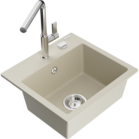 Mexen Milo granieten gootsteen met 1 bak en Flora keukenmengkraan, beige - 6505-69-670401-00
