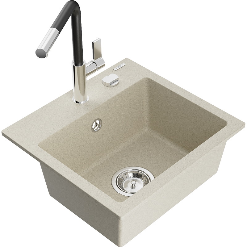Mexen Milo évier en granit 1 bac avec mitigeur de cuisine Flora, beige - 6505-69-670401-07