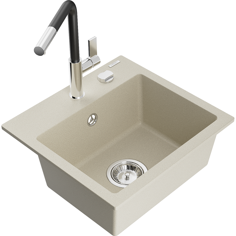 Mexen Milo lavello in granito a 1 vasca con rubinetto da cucina Flora, beige - 6505-69-670401-07
