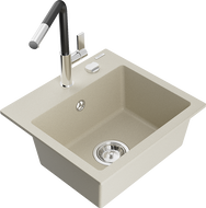 Mexen Milo granieten gootsteen met 1 kom en Flora keukenkraan, beige - 6505-69-670401-07