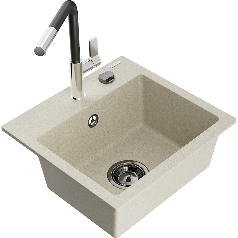 Mexen Milo granitische spoelbak met 1 bak en keukenkraan Flora, beige - 6505-69-670401-07-B