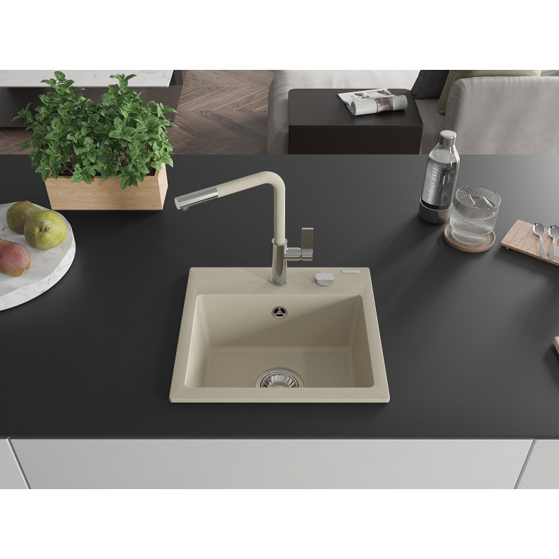 Mexen Milo granit gootsteen 1-kommer met keukenmengkraan Flora, beige - 6505-69-670401-09