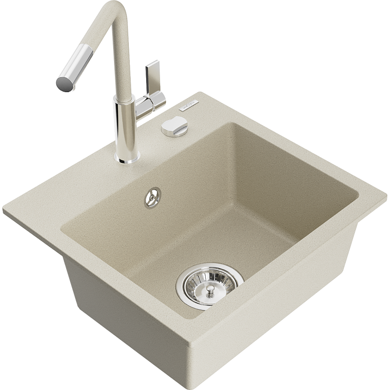 Mexen Milo Granitspüle 1-beckig mit Küchenarmatur Flora, beige - 6505-69-670401-09