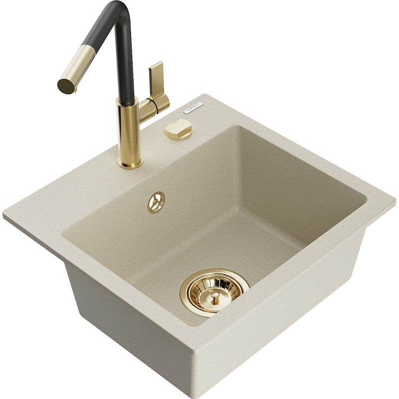 Mexen Milo granit gootsteen 1-komorige met keukenmengkraan Flora, beige - 6505-69-670401-57-G