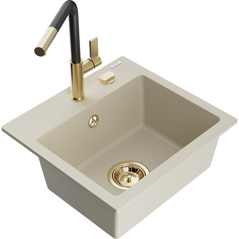 Mexen Milo granite sink 1-bowl with Flora kitchen mixer, beige - 6505-69-670401-57-G