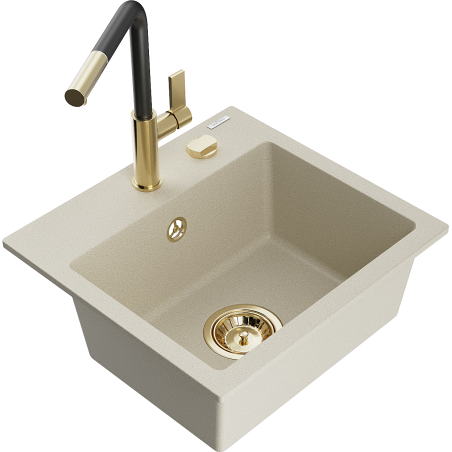 Mexen Milo fregadero de granito de 1 taza con grifo de cocina Flora, beige - 6505-69-670401-57-G