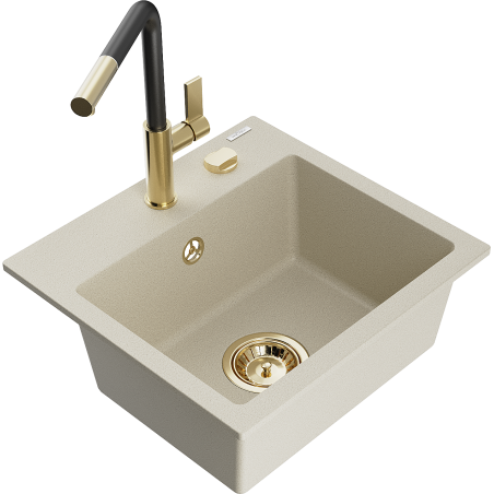 Mexen Milo granite sink 1-bowl with Flora kitchen mixer, beige - 6505-69-670401-57-G