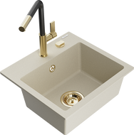 Mexen Milo évier en granit 1 bac avec mitigeur de cuisine Flora, beige - 6505-69-670401-57-G