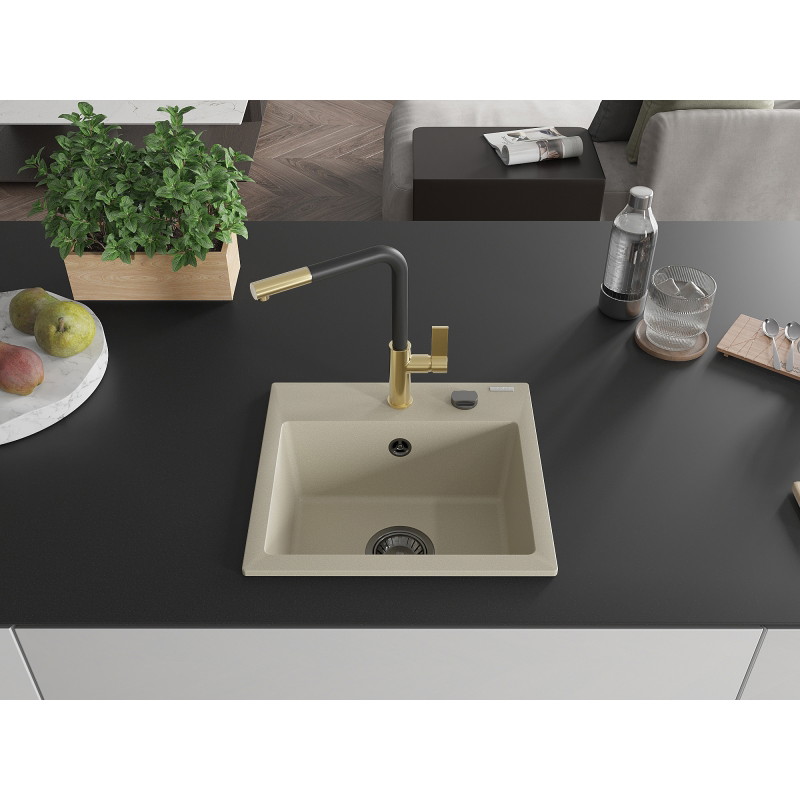 Mexen Milo Évier de cuisine en granit 1 bac avec robinet Flora, beige - 6505-69-670401-57-B