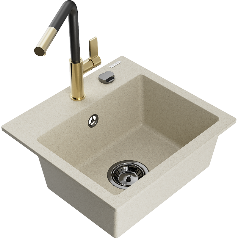 Mexen Milo 1-bowl Granite Sink with Flora Kitchen Tap, Beige - 6505-69-670401-57-B