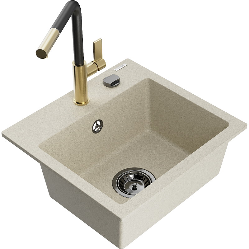 Mexen Milo Einbauspüle aus Granit 1-Becken mit Küchenarmatur Flora, beige - 6505-69-670401-57-B