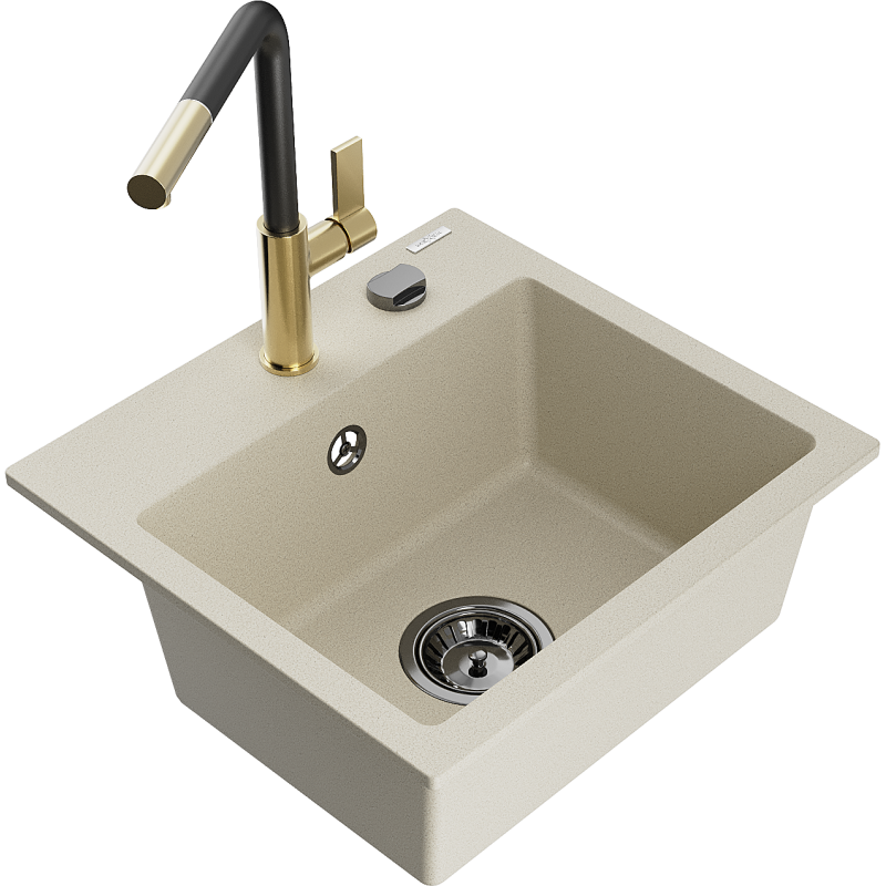 Mexen Milo Granitspüle 1-beckig mit Küchenarmatur Flora, beige - 6505-69-670401-57-B