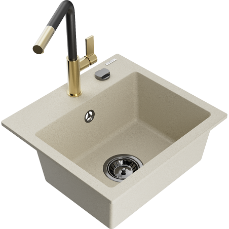 Mexen Milo 1-bowl Granite Sink with Flora Kitchen Tap, Beige - 6505-69-670401-57-B