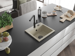 Mexen Milo évier en granit 1 bac avec robinet de cuisine Flora, beige - 6505-69-670401-70-B